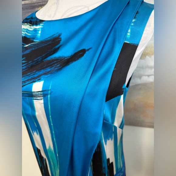 ST JOHN Brushstroke Stretch Silk Charmeuse Draped Cyan/Black Dress, Size 2 - Picture 7 of 16